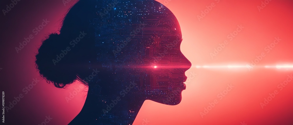 Aufkleber Human head silhouette with glowing circuit patterns and tech elements on a hightech background, symbolizing digital intelligence and AI