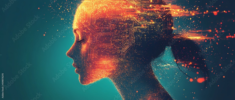 Poster human head silhouette formed by glowing circuit patterns, tech background, symbolizing the intersect