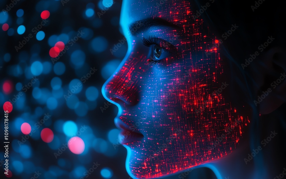 Aufkleber Human profile with dynamic blue and red data streams and network nodes, AI generative concept, representing artificial intelligence and digital systems