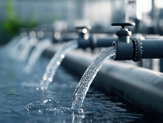 Close-up of water streaming from industrial pipes in a filtration system, emphasizing clean water flow and modern infrastructure.