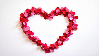 Obraz premium Heart-shaped confetti wreath in pink and red tones on white background