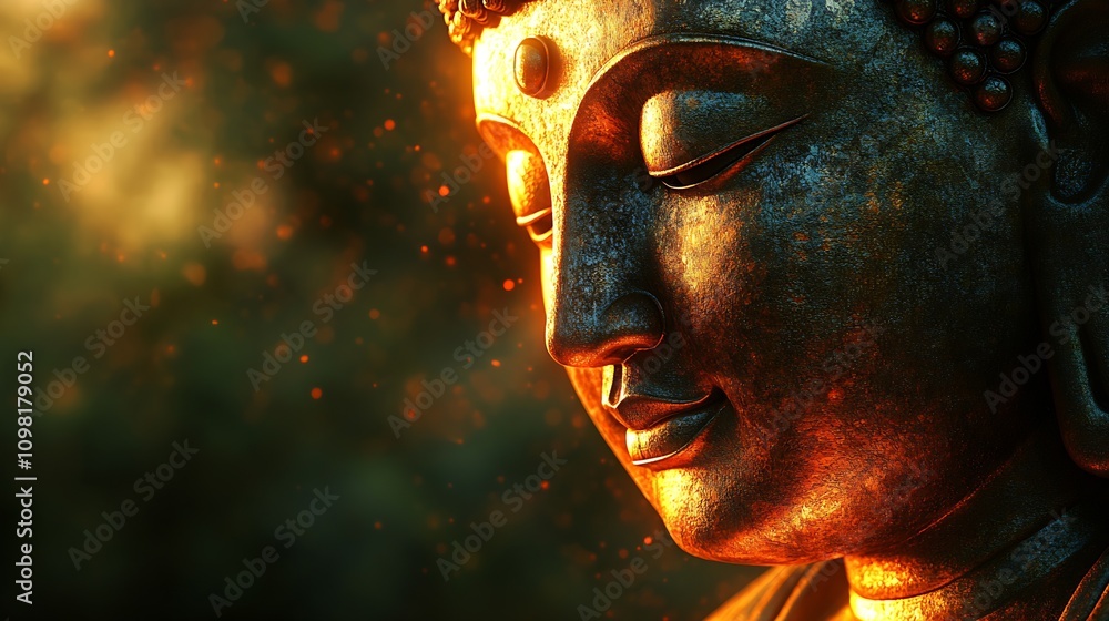 Poster buddha statue meditative with ethereal ambient glowing light bokeh art illustration : generative ai