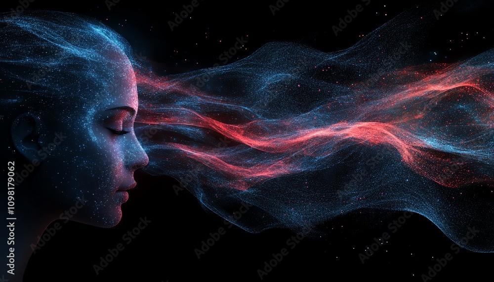 Poster 3d digital human profile made of flowing blue and red data streams, dark background, representing ar