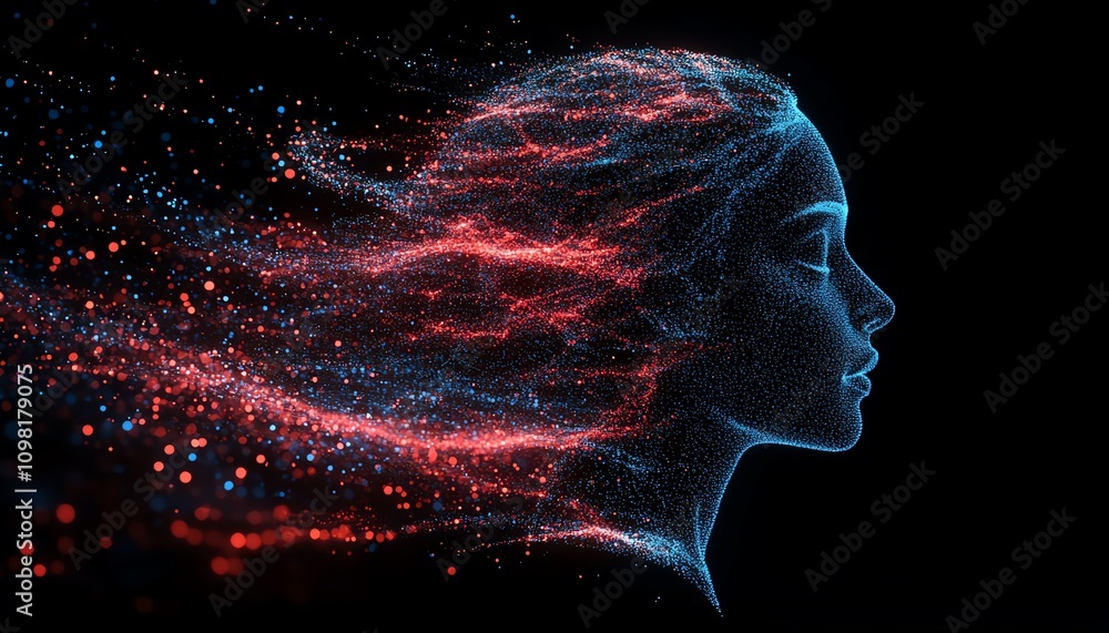 Poster 3d digital human profile made of flowing blue and red data streams, dark background, representing ar