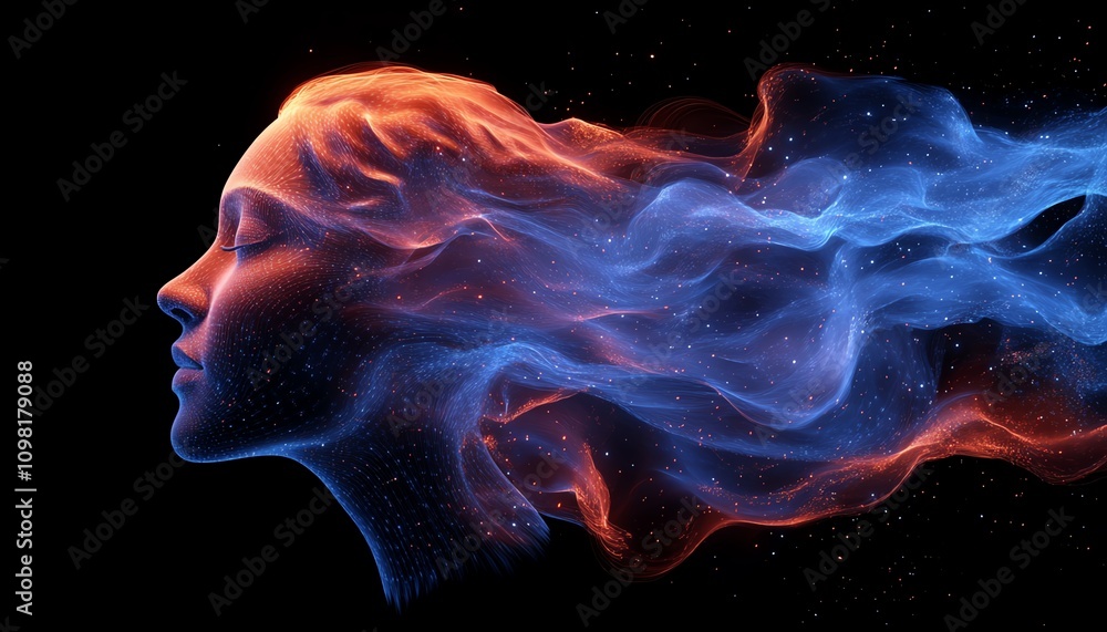 Poster 3d digital human profile made of flowing blue and red data streams, dark background, representing ar