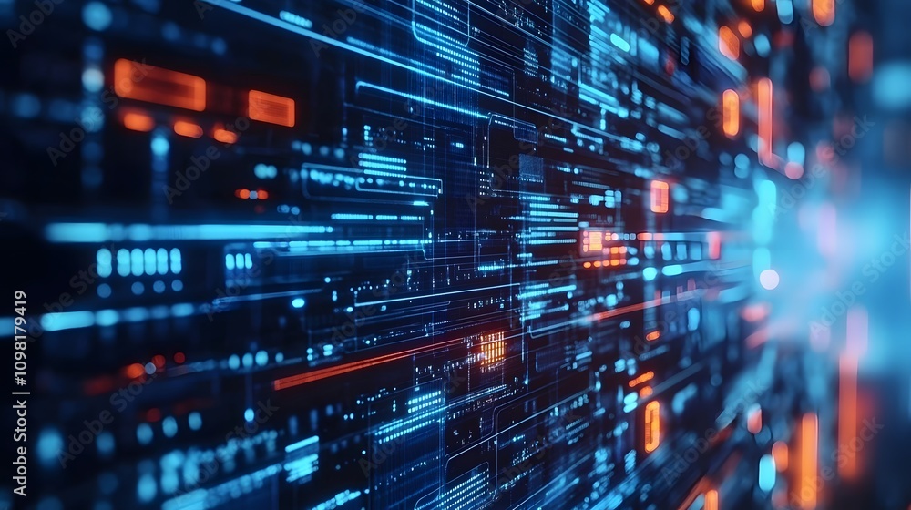Poster abstract digital data stream, glowing blue and orange lines forming intricate patterns. futuristic t