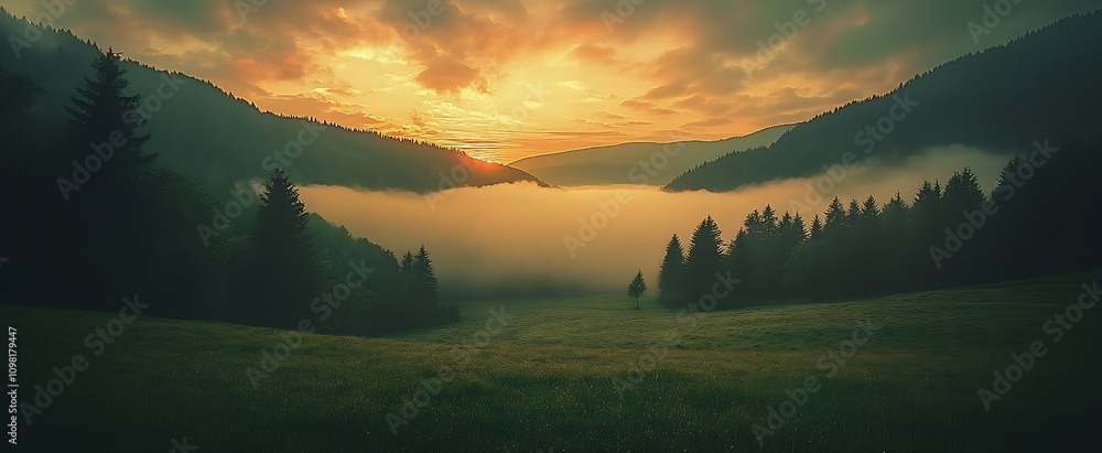 Poster serene mountain valley with mist and sunset creating a picturesque scenic view : generative ai