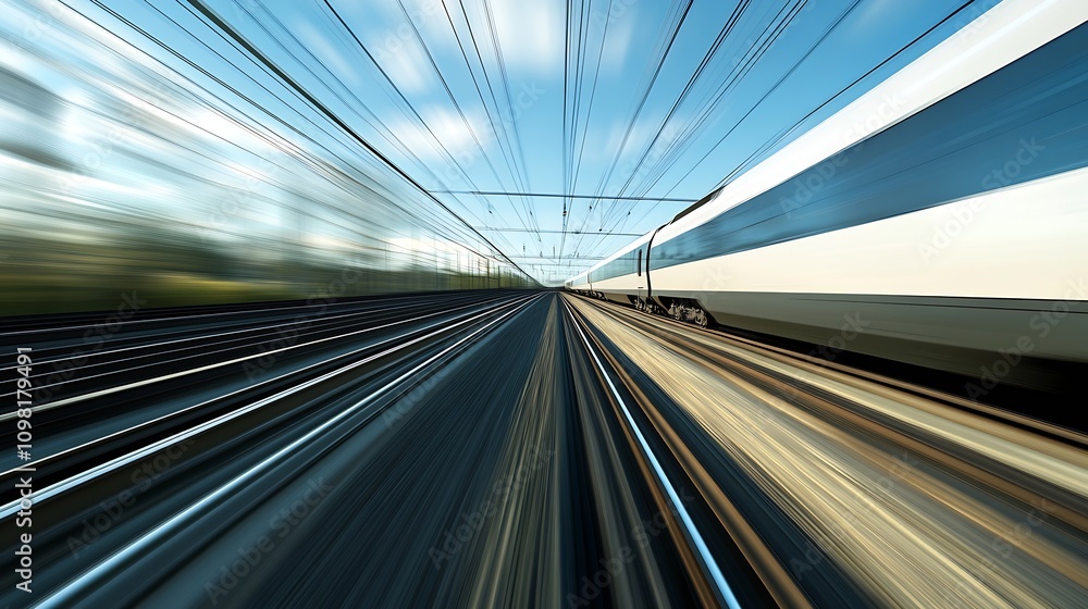 Poster high speed train journey with motion blur captured on tracks under blue skies : generative ai
