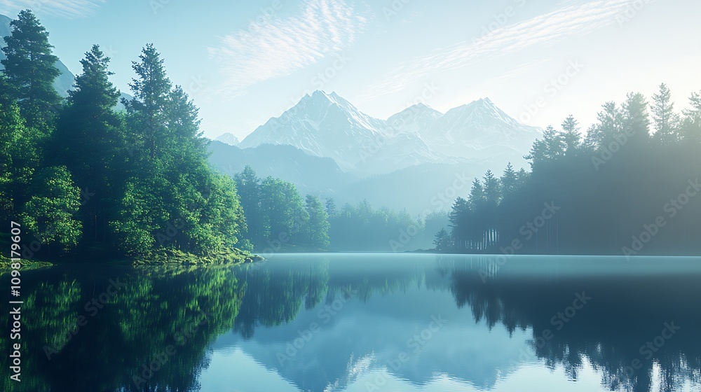 Poster Tranquil Mountain Lake at Dawn with Misty Reflections and Forest Views : Generative AI