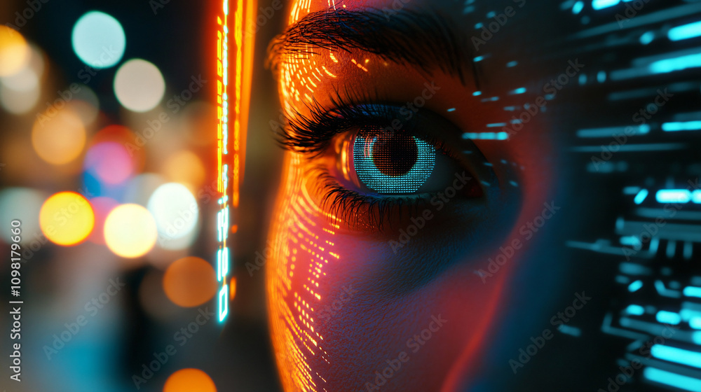 Poster close-up of woman with digital eye and face recognition system, showcasing future biometric security