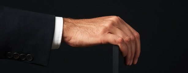 Obraz premium A close-up image of a businessman’s hand resting on a chair back, showcasing professional attire against a black background.