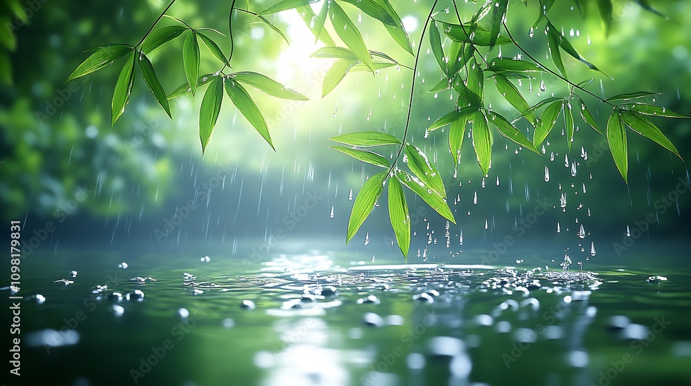 Poster tranquil nature scene with green leaves and falling raindrops creating peaceful atmosphere : generat