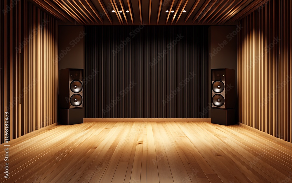 Poster large modern music studio with high performance audio system and elegant wooden finish : generative 