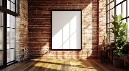 Fototapeta premium Un mur de briques avec un cadre d'affiche blanc et vierge accroché, à l'intérieur d'un loft moderne avec un plancher en bois, une plante verte et une fenêtre.