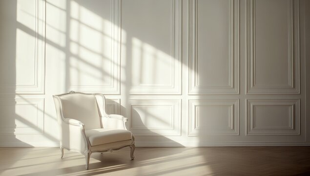Une pi&egrave;ce minimaliste avec un sol en parquet et un fauteuil contre un mur aux moulures classiques, lumi&egrave;re du soleil traversant la pi&egrave;ce.