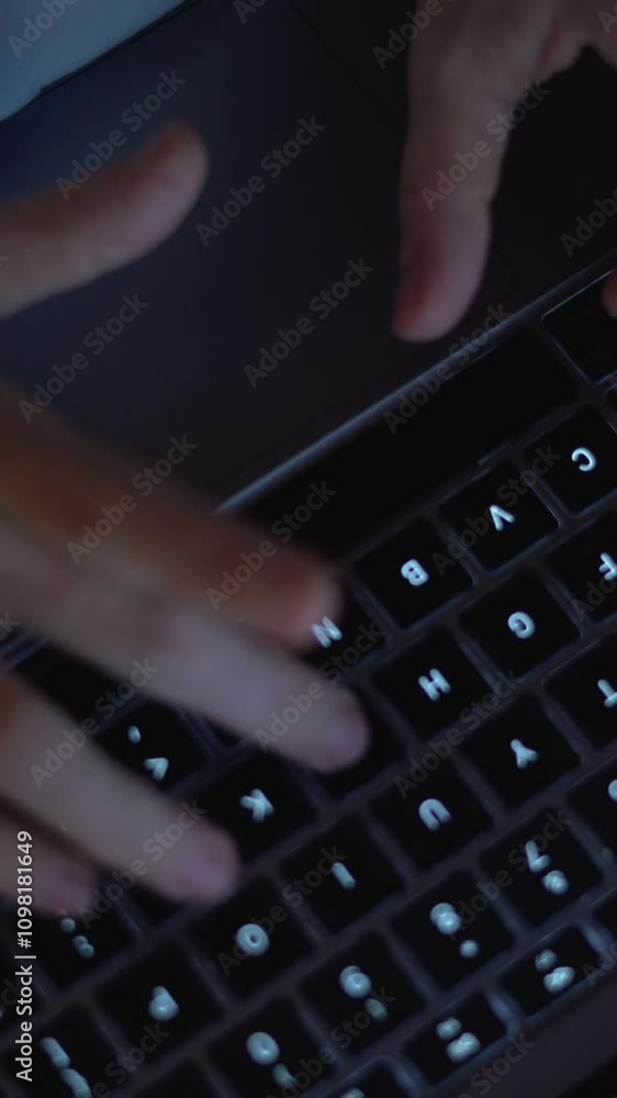 Poster this image features a closeup shot that captures hands actively typing on a laptop keyboard, illumin