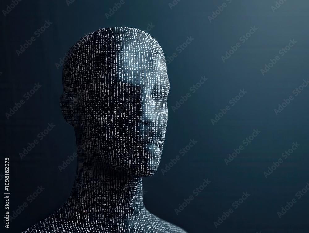 Poster a digital representation of a human-like figure composed of numerous binary digits against a dark ba
