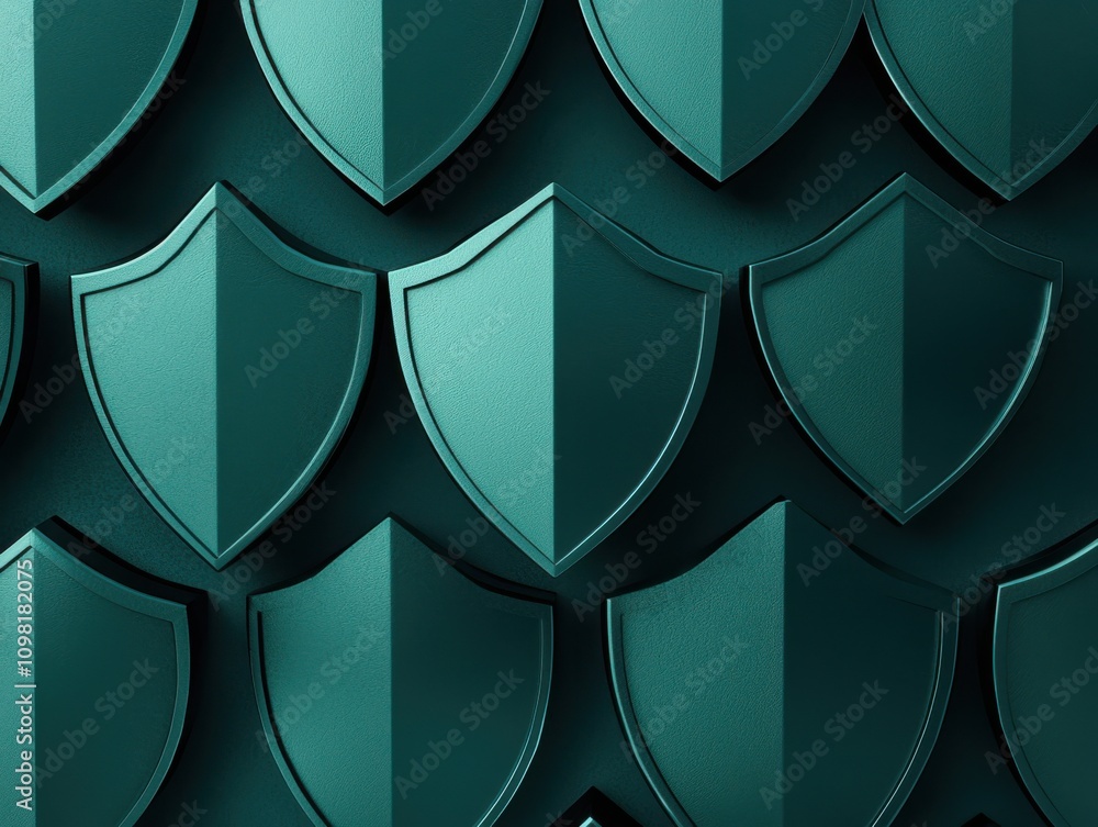 Poster a textured background of overlapping teal shields, symbolizing protection and security, creates a vi