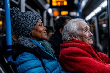 Fototapeta premium Two women, one Black and one white, ride a public transit bus. A moment of quiet contemplation.