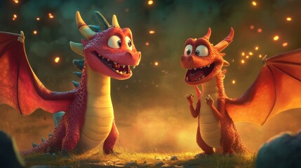 Fototapeta premium Two animated red dragons with excited expressions are seen interacting in a glowing, magical evening setting. The dragons' joyful emotions and bright colors contrast with the dark, fiery background