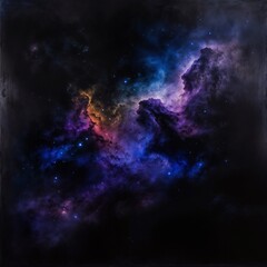 Obraz premium Cosmic Nebula: A vibrant swirl of purple, orange, and blue hues paint a breathtaking celestial landscape.