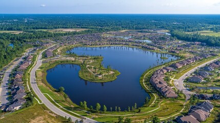 Obraz premium Aerial view of a residential area surrounding a large, serene lake with green spaces and homes.