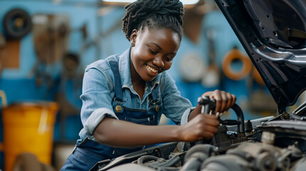 Obraz premium Young African female mechanic checking the oil level in a car engine, smiling while performing maintenance.