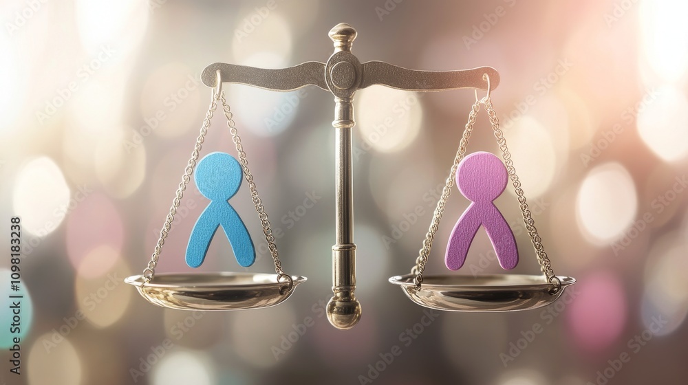 Poster a balance scale with blue and purple abstract human figures on each side represents the concept of e