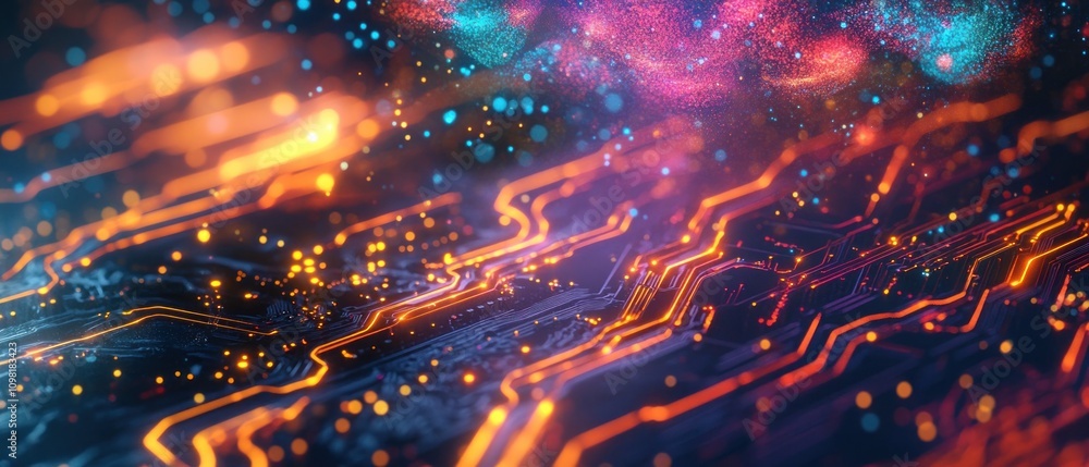 Poster Abstract digital landscape with glowing circuits and particles, representing technology and innovation.