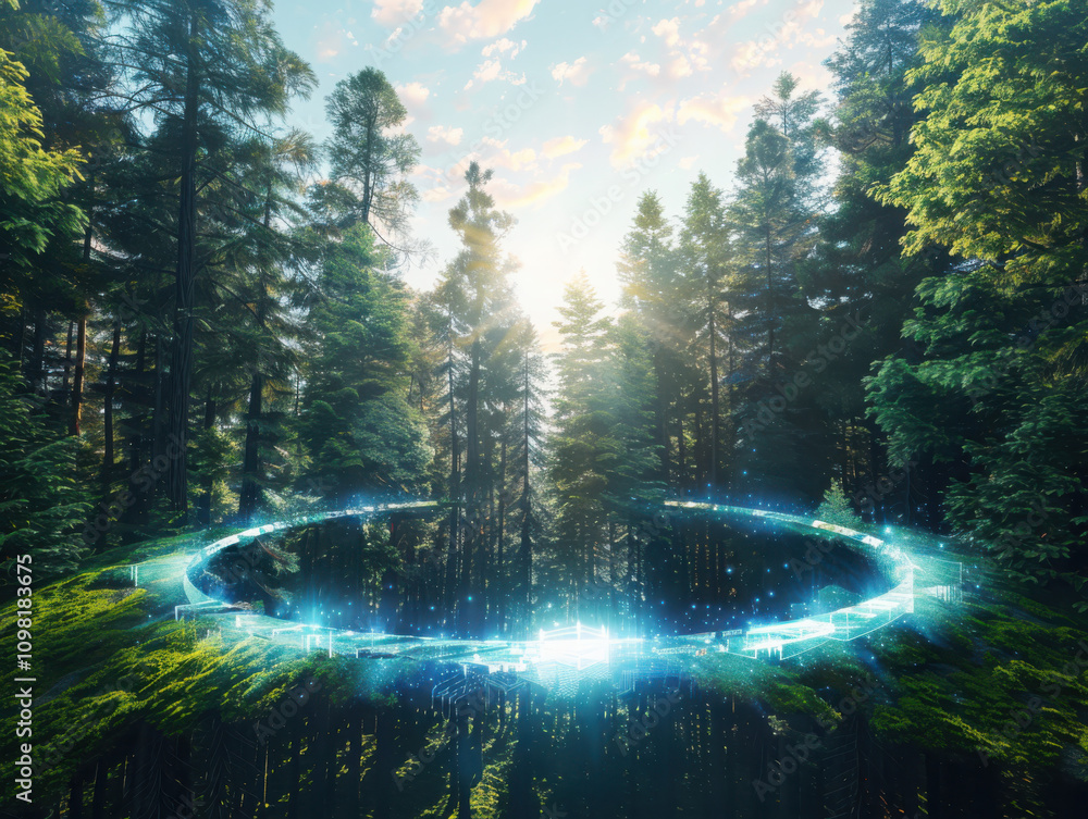 Poster exploring digital forests data streams flowing through tree trunks in a tech-infused nature environm