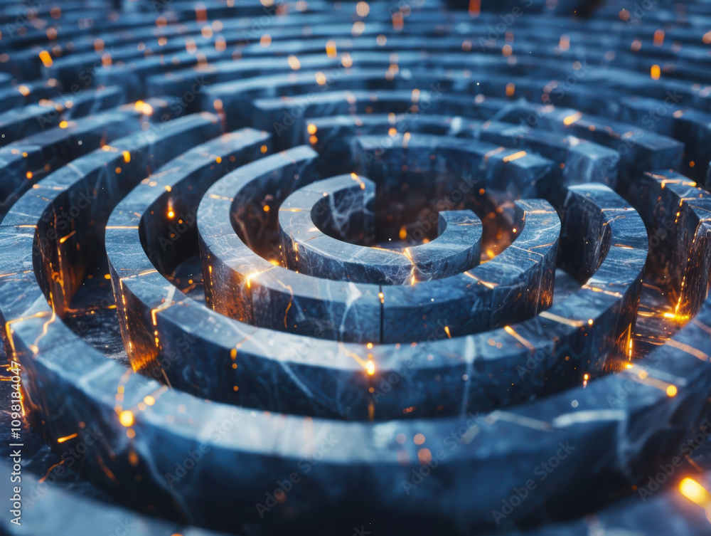 Poster glowing quantum particles flowing through marble maze paths laboratory digital art abstract close-up