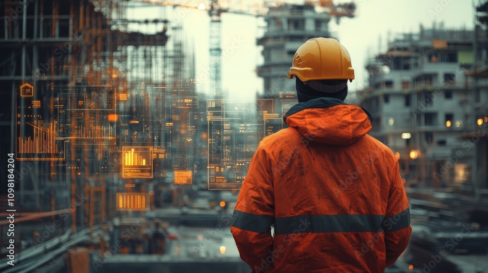 Poster construction worker using augmented reality technology at a building site.