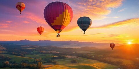 Fototapeta premium Colorful hot air balloons soar over a stunning desert landscape at sunset. created by ai