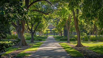 Obraz premium A central college hall surrounded by trees and pathways.