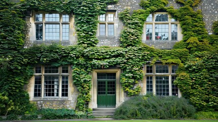 A classic college building with ivy-covered walls and large windows.