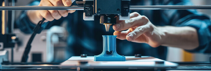 3D printer technician calibrating a 3D printer, finished printed object and CAD designs on screen
