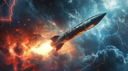 Fototapeta premium Futuristic rocket soaring through dramatic stormy skies with fiery exhaust and vibrant energy