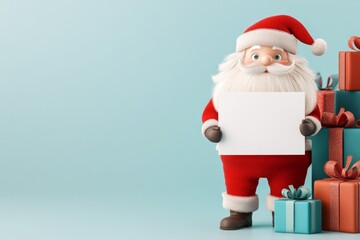 Obraz premium Santa character holding a blank white sign surrounded by colorful wrapped presents in minimalist holiday setup