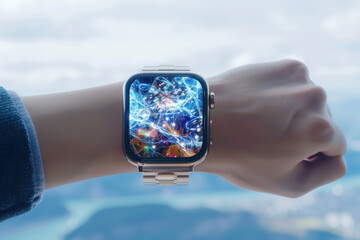 Innovative floating smartwatch displaying health and fitness holograms in futuristic urban landscape for enhanced lifestyle and wellness