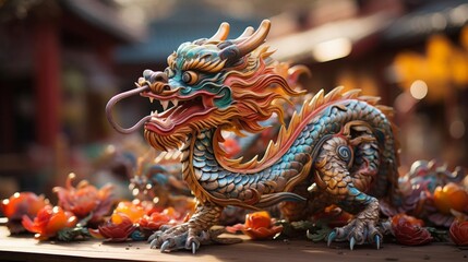Fototapeta premium A dragon statue with a blue tail and orange flowers in the background