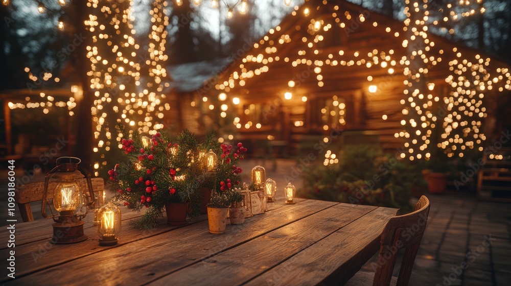 Poster a rustic wooden table with candles and christmas decorations in front of a cabin with string lights.