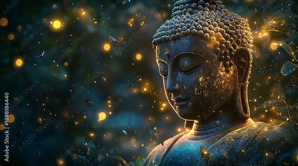 Poster enchanting buddha statue surrounded by fireflies in a mystical nighttime forest setting : generative