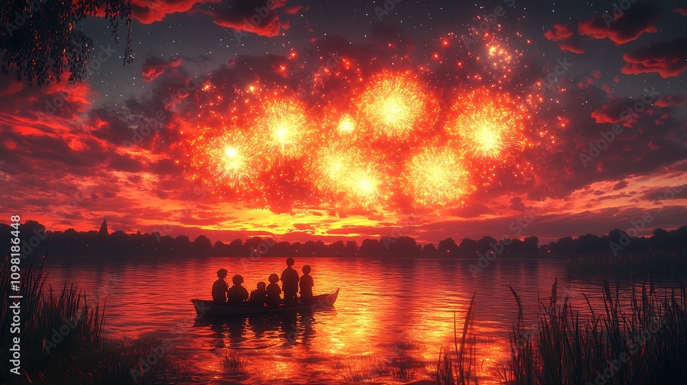 Poster breathtaking fireworks glow amidst twilight sky viewed from lake with silhouetted figures on boat : 
