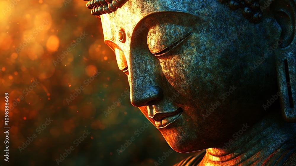 Poster contemplative buddha sculpture with warm bokeh and meditative stillness in artistic expression : gen