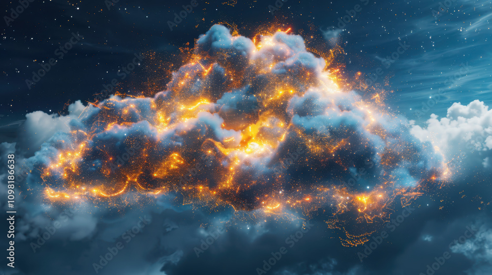 Poster flowing data streams in cloud computing sunset sky digital art technological environment surreal vie