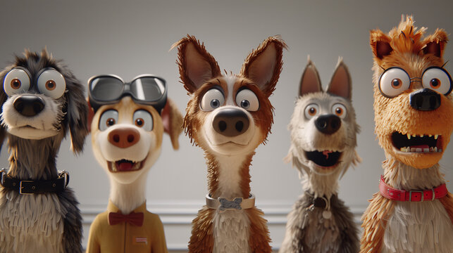 Grupo de perros de peluche  con expresiones divertidas