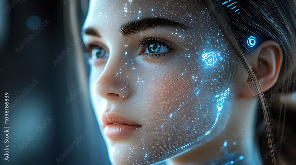 Aufkleber woman with innovative digital augmentation and high-tech features on her face : generative ai