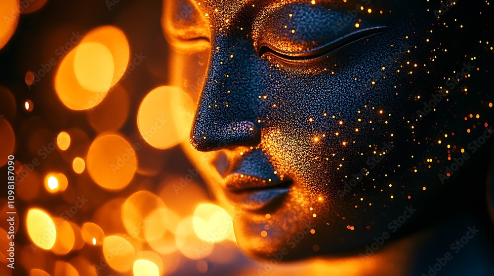 Poster buddha portrait with glittering background offering a sense of mystical serenity : generative ai