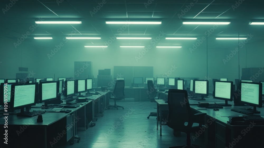 Poster a dimly lit office space filled with computers, creating a mysterious and tech-focused atmosphere.