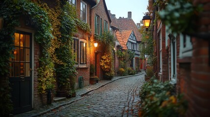 Fototapeta premium Picturesque cobblestone street with ivy-clad brick houses and vintage lamps glowing warmly, as dusk envelops the charming town.